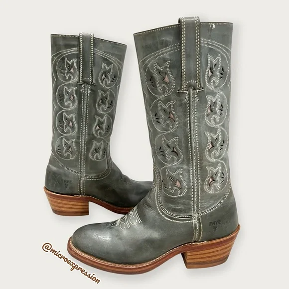 VINTAGE 1980 Frye Austin Campus Green-Blue Leather Floral Embroider Cowboy Boot - Picture 7 of 16